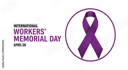 International workers memorial day graphic with purple ribbon inside circle frame design