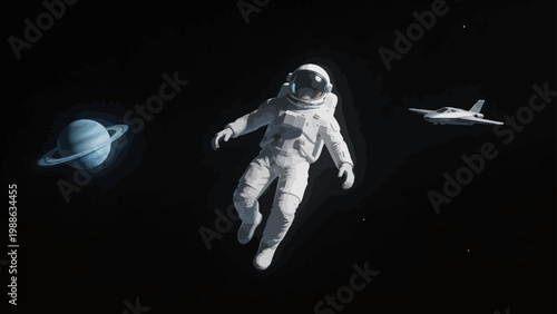 Astronaut floating in space with planet and spacecraft