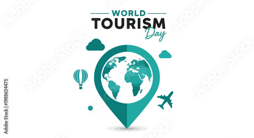 World tourism day concept with globe map pin and travel elements vector flat design illustration