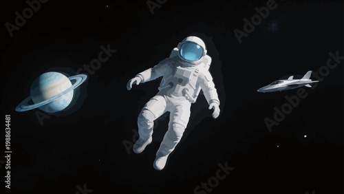 Astronaut floating in space with planet and spacecraft