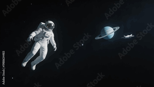 Astronaut floating in space near planet