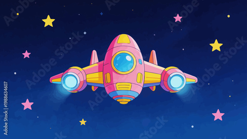 Colorful cartoon spaceship in space