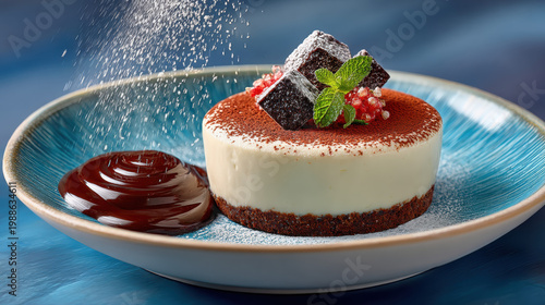 Luxury plated tiramisu dessert with cocoa dust and geometric design detail.