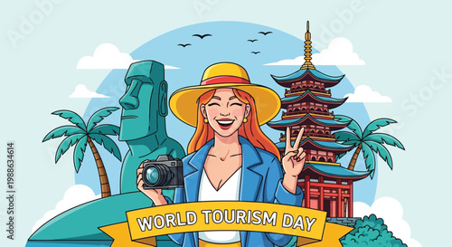 World tourism day traveler girl with camera and world landmarks illustration