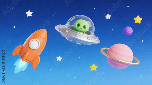 Alien in spaceship with rocket and planets