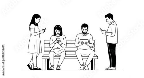Four people, two men and two women, are individually engrossed in their mobile phones and tablets, illustrating modern digital device usage.