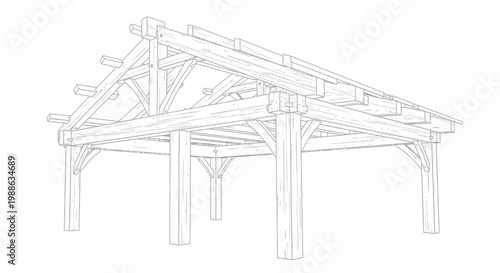 Detailed line drawing of a traditional timber frame structure showcasing wooden beams and intricate joinery.