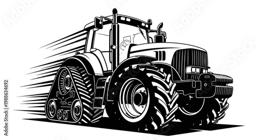 Dynamic black and white illustration of a powerful modern tractor with both wheels and tracks, depicted with speed lines suggesting rapid movement.