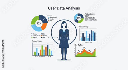 Visual representation of user data analysis with a central female figure surrounded by various charts and graphs illustrating metrics like usage, traffic, and demographics.