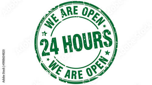 Open twenty four hours stamp concept with green badge for business availability and service