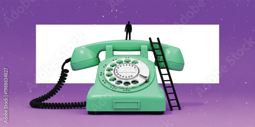 Retro Telephone Communication Concept with Vintage Rotary Phone Ladder and Tiny Person Minimal Creative Vector Illustration Design