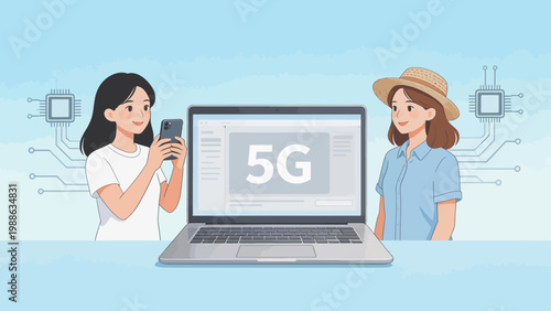 Two women with laptop and phone near 5G