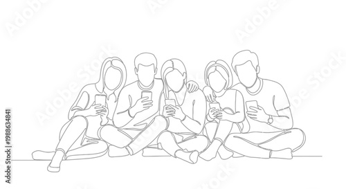 Continuous line art drawing of five young people sitting together, each engrossed in their smartphones, depicting modern social interaction.