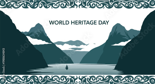 World heritage day graphic with mountain landscape and traditional ornamental border design