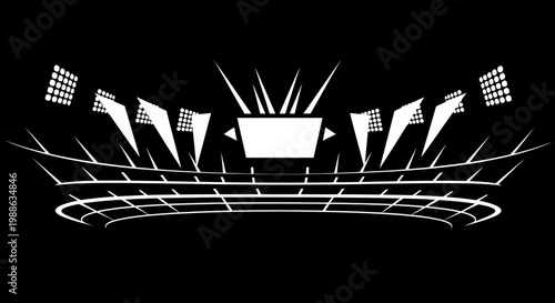 Stylized black and white illustration of a sports stadium with floodlights and a central championship trophy or scoreboard, depicting a grand event.