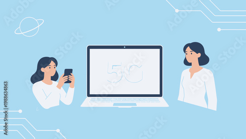 Two women with laptop and phone near 5G