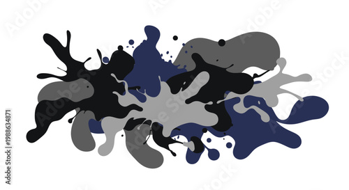Blue ink splashes and blots form a creative vector illustration set featuring a black cat silhouette and a ghostly sea fish design for a nature themed holiday pattern
