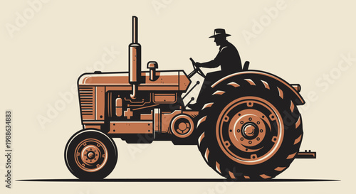 Vintage red agricultural machinery featuring an old rusty tractor isolated on white background for farm equipment industry model