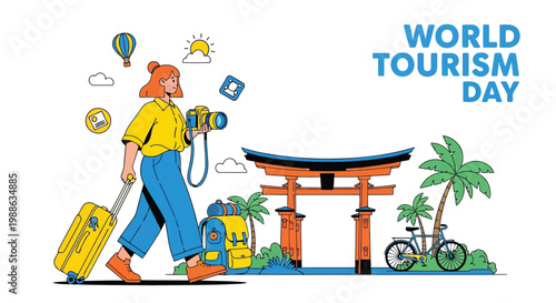 World Tourism Day vector illustration of traveler with luggage at torii gate