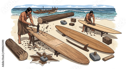 Ancient islanders carving wooden surfboards on a tropical beach scene