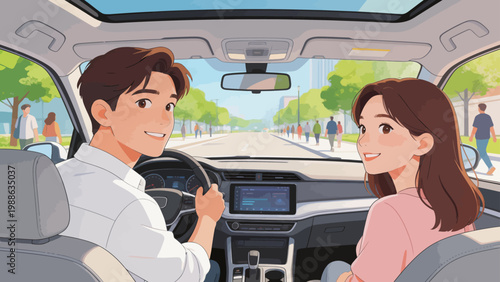 Couple driving car on city street