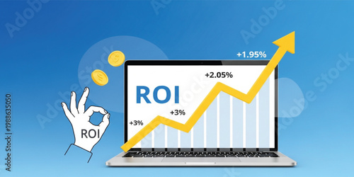 ROI Growth Concept with Laptop Chart Rising Arrow Coins and Return on Investment Business Finance Vector Illustration