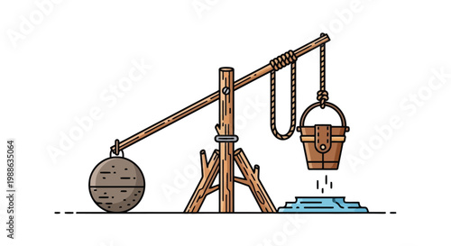 Traditional wooden shaduf irrigation tool for lifting water from river vector illustration