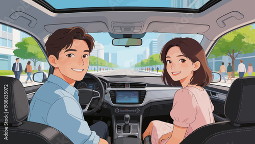 Couple in car on city street