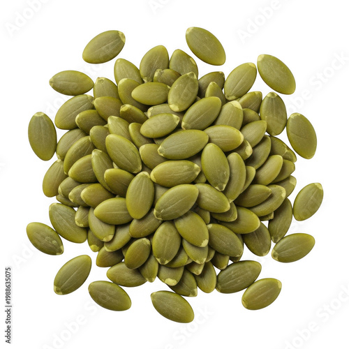 Freshly harvested green pumpkin seeds in a natural cluster formation isolated on transparent background