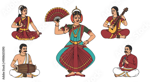 Traditional Indian classical dance and music ensemble performers vector illustration