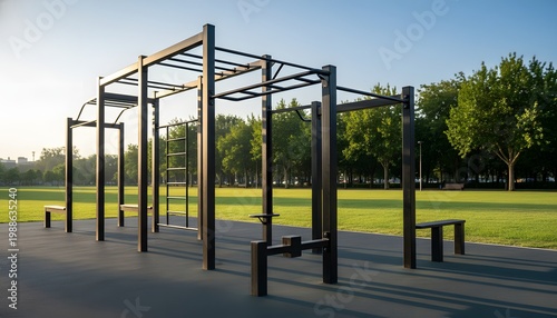 Outdoor gym structure in public space with pull-up bars and workout equipment in a city park for a fitness and healthy lifestyle concept during golden hour