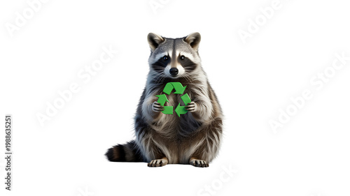 Cute raccoon holding recycling symbol representing environmental awareness and sustainability concept