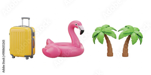 Set of 3D summer travel icons featuring a yellow suitcase pink inflatable flamingo and palm trees isolated on white background for holiday and vacation designs