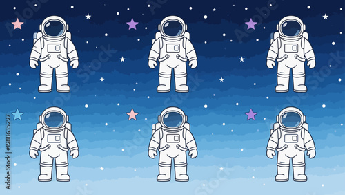 Six cartoon astronauts in space