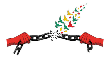Juneteenth Concept with Breaking Metal Chains and Flying Birds in Pan-African Colors on White Background
