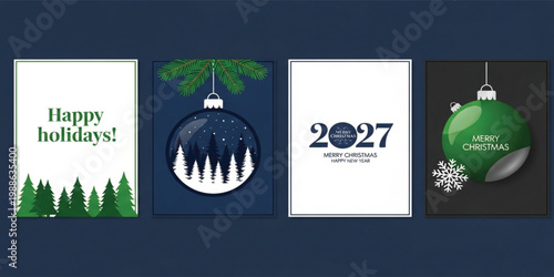 Set of four Christmas and New Year 2027 greeting card designs with pine trees, baubles, snowflakes, and festive typography for holiday celebrations and winter invitations