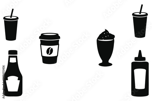 Collection of black beverage and condiment icons including drinks and sauces isolated on white background