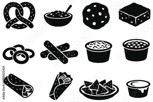 Collection of diverse snack food icons including pretzels bagels dips and wraps