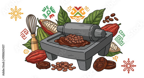 Traditional stone grinding tool with cocoa beans and chocolate ingredients for production