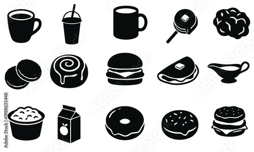 Collection of simple black food and drink icons representing various meal items and beverages