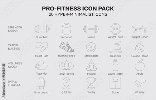20 Hyper-Minimalist Fitness and Gym Line Icons Set for Mobile Apps and Web Design .eps