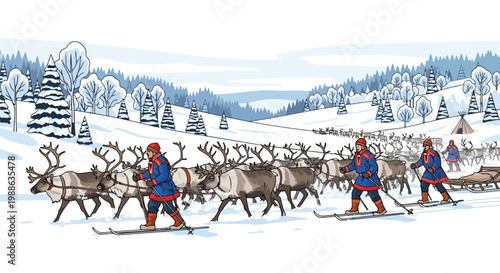 Group of indigenous reindeer herders in traditional clothing traveling through snowy winter landscape