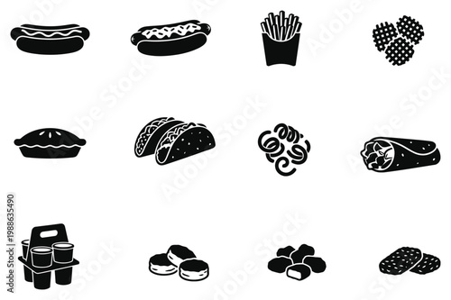 Collection of simple black silhouette icons representing various popular fast food items on a white background