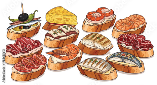 Variety of Spanish tapas pintxos on crusty bread slices assortment illustration