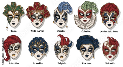 Set of ten traditional Venetian carnival masks with ornate details and feathers