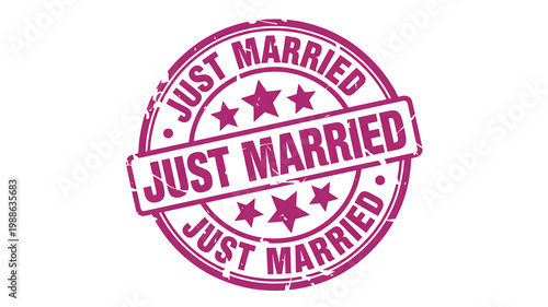 Just married stamp concept with pink badge for wedding celebration and relationship announcement