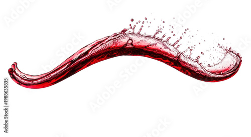 high-speed macro shot of deep red cabernet wine forming a suspended undulating wave, erupting into fine mist and droplets against a brilliant white background with high-key backlighting. Concept for
