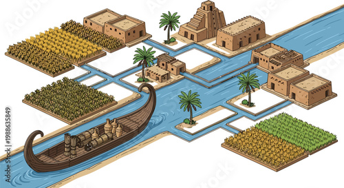 Ancient Mesopotamian irrigation canal system and mud brick architecture in isometric view