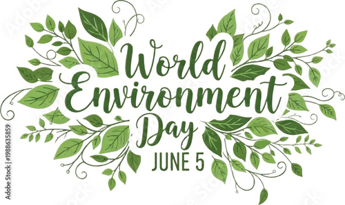 World Environment Day, eco friendly, green leaves, June 5, environmental awareness, vector illustration