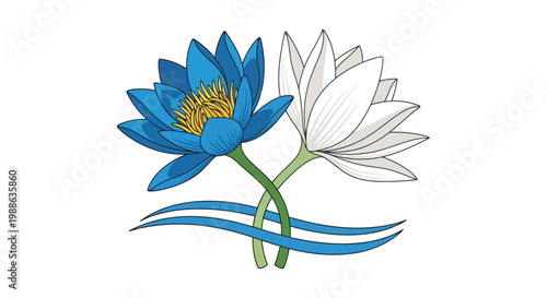Blue and white water lily flowers intertwined with stylized flowing water currents
